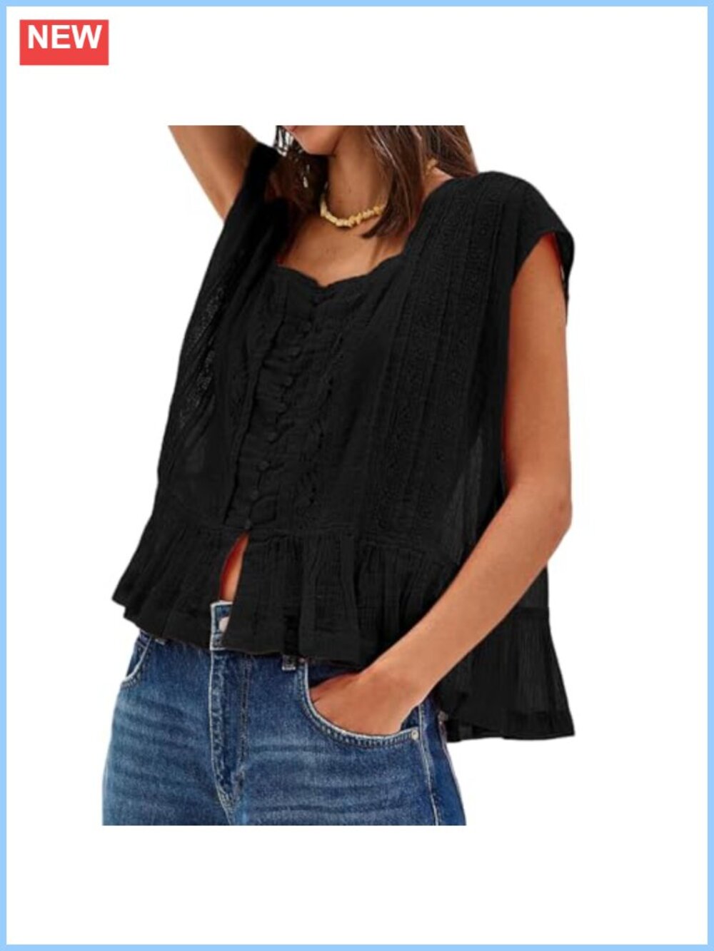 Semi Sheer Blouse Y2K Lace Trim Button Down Short Sleeve Crew Neck Casual Top